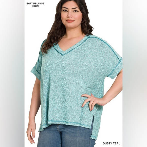 Zenana Outfitters Tops - NWT ZENANA SOFT MELANGE HACCI V-NECK SHORT SLEEVE HI-LOW TEE
